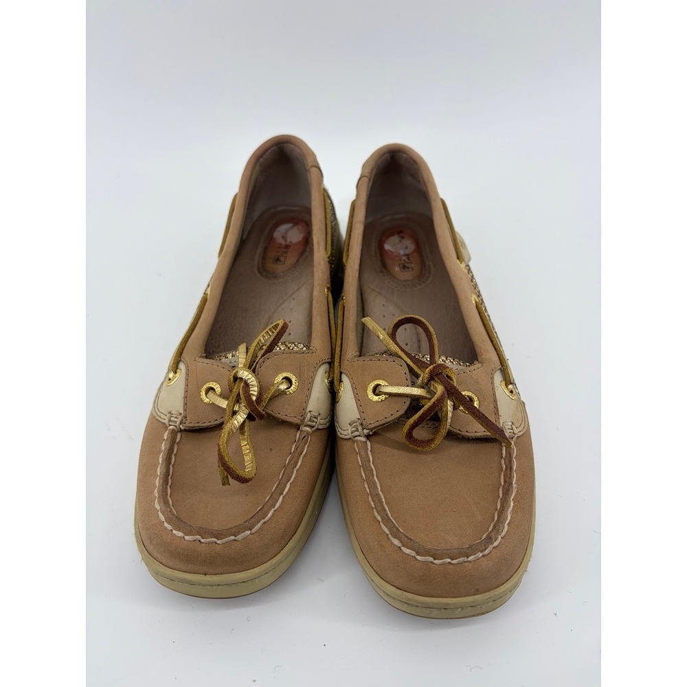 Sperry Angelfish, Tan/Gold Leather Glitter Boat Shoes, Women's Size 7, Pre-Owned